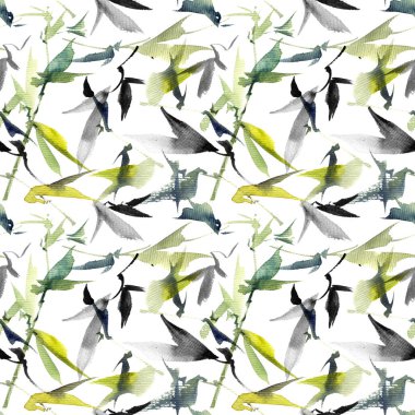 Ağaç yapraklarının suluboya ve mürekkep çizimi - beyaz arka planda yapraklar. Kusursuz desen. Oriantal geleneksel resim tarzı sumi-e ya da gohua..