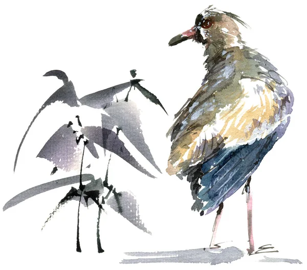 Akvarell Illustration Exotiska Fågel Sittande Och Vilda Växter — Stockfoto