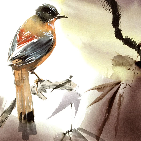 Akvarel Illustration Eksotiske Fugl Oppe Vilde Planter - Stock-foto