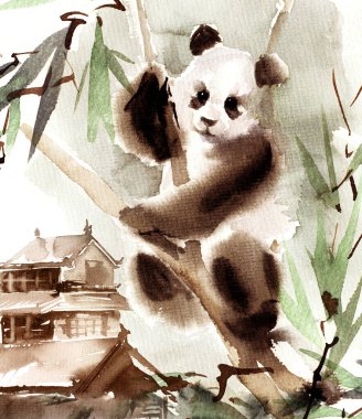 Okaliptüs ağacındaki panda suluboya ve mürekkep çizimi. Sumi-e tarzında mürekkep ve suluboya ile geleneksel oryantal resim.