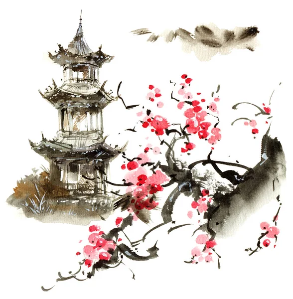 水彩画和水墨画的日本塔和花樱桃树与粉红色的花 苏美风格的东方传统水墨绘画 — 图库照片