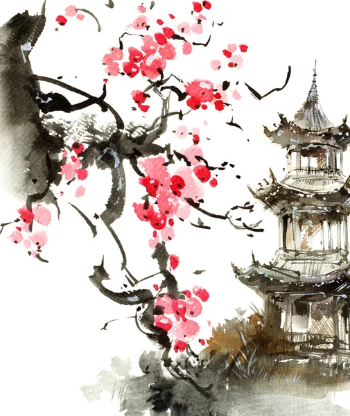 Akvarell Och Bläck Illustration Japansk Pagoda Och Blomma Sakura Träd — Stockfoto