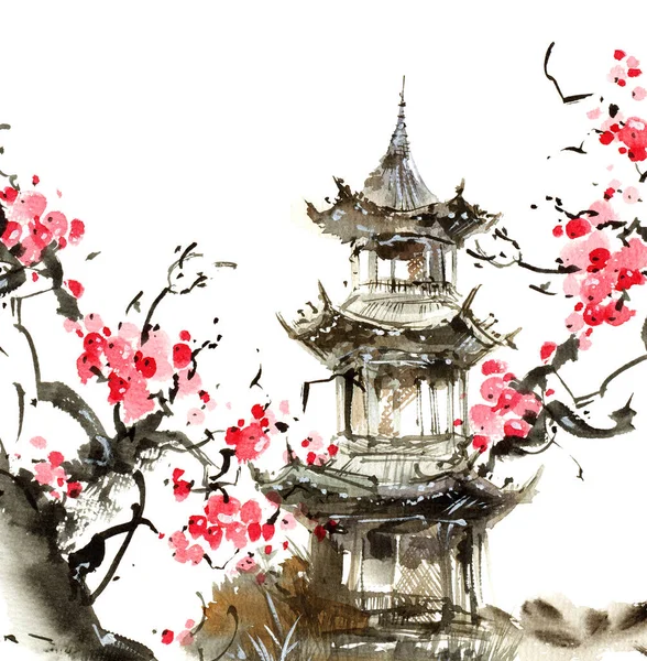 ピンク色の花を持つ日本の塔と桜の木の水彩とインクのイラスト 墨と水彩による東洋の伝統絵画 — ストック写真