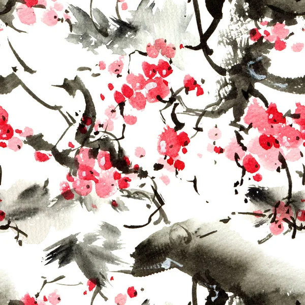 水彩画和水墨画的花樱花树与粉红色的花 东方传统水墨画 水彩画 苏美风格 无缝图案 — 图库照片