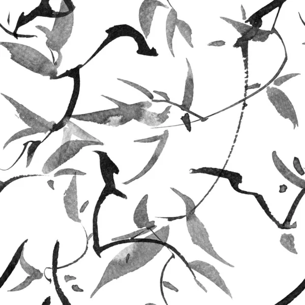 Watercolor Ink Illustration Tree Foliage Grayscale Leaves White Background Seamless — Stock Photo, Image