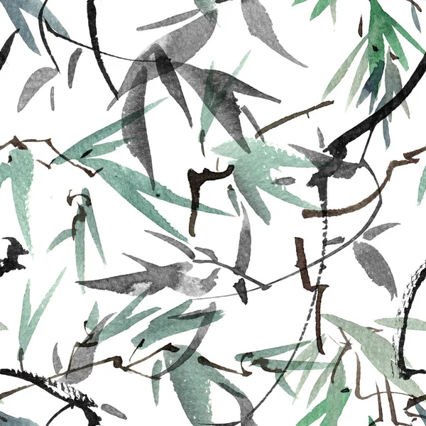 Ağaç Yaprağının Suluboya Mürekkep Çizimi Beyaz Arkaplanda Gri Tonda Yapraklar — Stok fotoğraf
