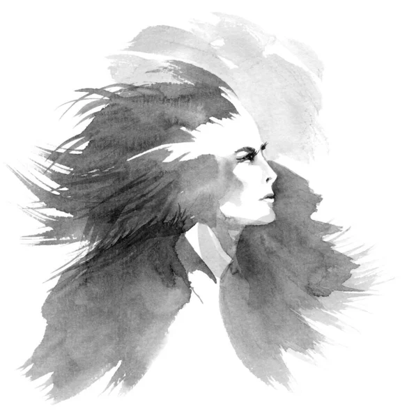 東洋の伝統的なインクスタイルで風に飛んで髪を持つ女性の肖像画 白地に手描きグレースケールイラスト — ストック写真