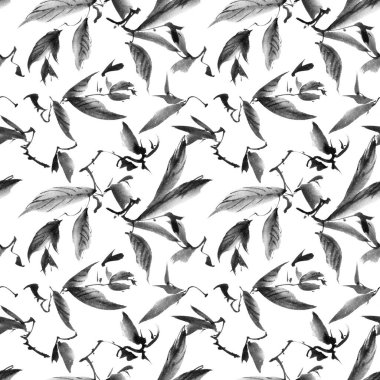 Ağaç dalının suluboya ve mürekkep çizimi - beyaz arkaplanda gri tonlu resim. Kusursuz desen. Geleneksel oryantal resim tarzı sumi-e veya gohua..