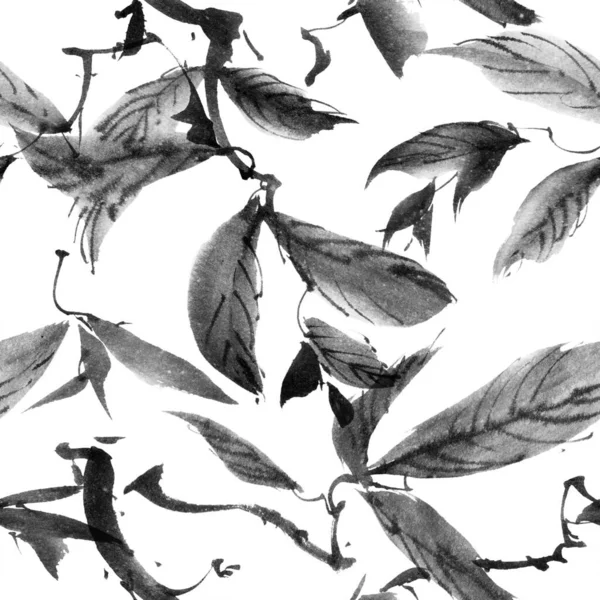 Aquarell Und Tusche Illustration Eines Astes Mit Blättern Graustufenmalerei Auf — Stockfoto