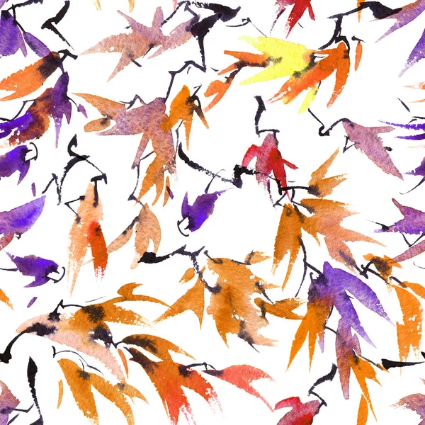 Акварель Чернила Иллюстрация Завтрака Дерева Разноцветными Листьями Белом Фоне Восточная — стоковое фото