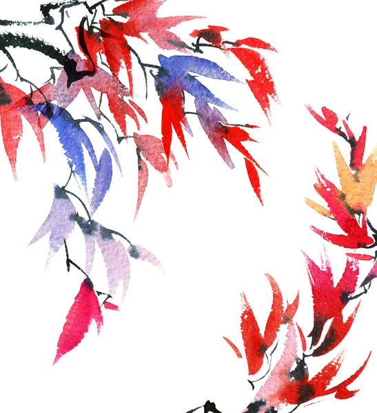 Aquarell Und Tusche Illustrieren Den Baumbrunch Mit Bunten Blättern Auf — Stockfoto