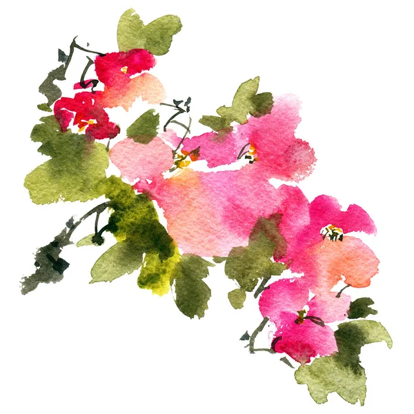 Illustration Aquarelle Encre Arbre Fleuri Avec Des Fleurs Des Bourgeons — Photo