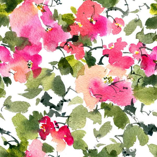 Akwarela Atrament Ilustracja Drzewa Kwiat Różowymi Kwiatami Pąki Liście Płynny — Zdjęcie stockowe