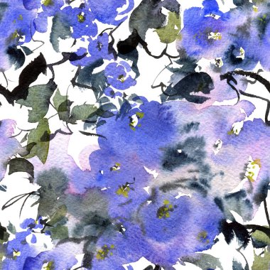 Mavi çiçekli, tomurcuklu ve yapraklı suluboya ve mürekkep çizimi. Geleneksel oryantal resim tarzı sumi-e, u-sin ve gohua..