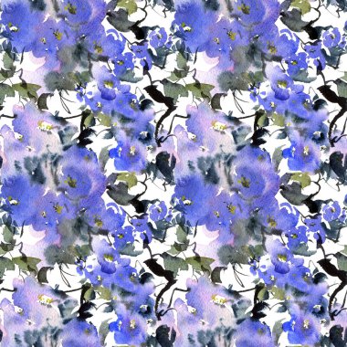 Mavi çiçekli, tomurcuklu ve yapraklı suluboya ve mürekkep çizimi. Geleneksel oryantal resim tarzı sumi-e, u-sin ve gohua..