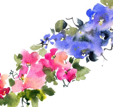 Mavi ve pembe çiçekli çiçek ağacının suluboya ve mürekkep çizimi, tomurcuklar ve yapraklar. Geleneksel oryantal resim tarzı sumi-e, u-sin ve gohua..