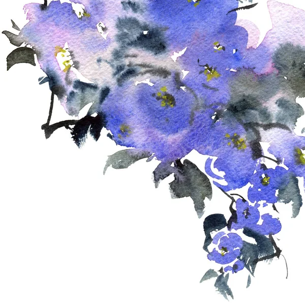 Watercolor Ink Illustration Blossom Tree Blue Flowers Buds Leaves Oriental — Stock Photo, Image