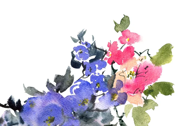 Aquarela Tinta Ilustração Árvore Flor Com Flores Azuis Rosa Botões — Fotografia de Stock