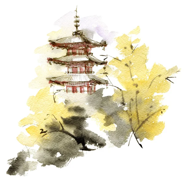 Geleneksel Japon manzarası. Pagoda binası ve ağaçları var. Sumi-e tarzında mürekkep ve suluboya ile sanatsal resim.