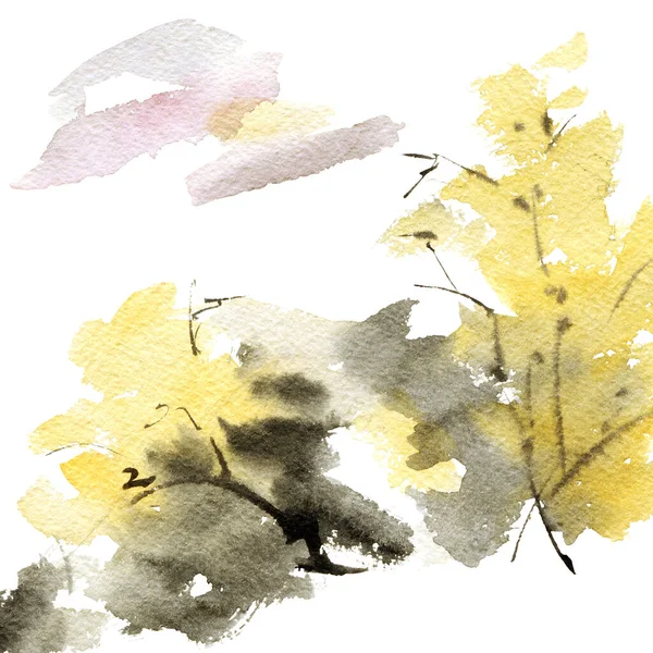 Sonbahar Manzarası Ağaçlar Bulutlar Sumi Tarzında Mürekkep Suluboya Ile Sanatsal — Stok fotoğraf