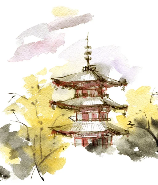 传统的日本景观 有宝塔建筑和树木 水墨画 水彩画 苏美风格 — 图库照片
