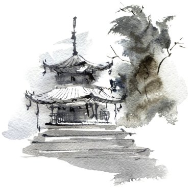 Pagoda binası ve ağacı olan geleneksel Çin manzarası. Sumi-e tarzında mürekkep ve suluboya ile sanatsal resim.