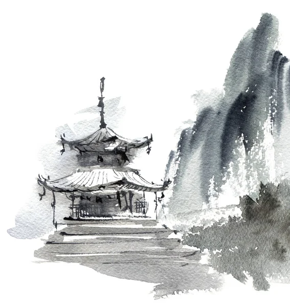 Geleneksel Çin manzarası. Pagoda binası ve dağları var. Sumi-e tarzında mürekkep ve suluboya ile sanatsal resim.