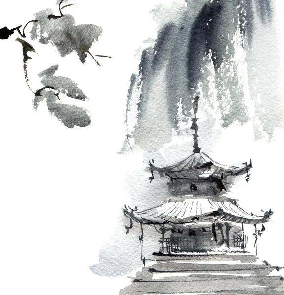 Geleneksel Çin manzarası. Pagoda binası, dağlar ve ağaç dalı var. Sumi-e tarzında mürekkep ve suluboya ile sanatsal resim.