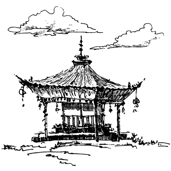 Elle Çizilmiş Vektör Çizimi Gökyüzünde Bulutlar Olan Pagoda Binasının Taslağı — Stok Vektör