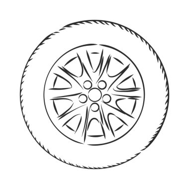 Arka planda araç tekerleği taslak ikonu izole edildi. El yapımı araba tekerleği ikonu. Bilgi, web sitesi veya uygulama için araba tekeri taslak simgesi.