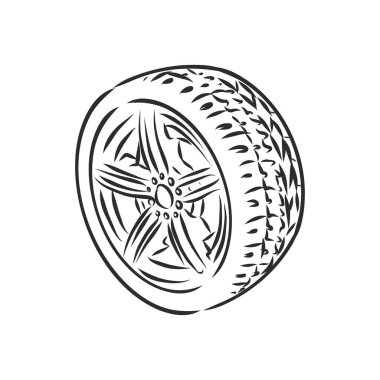 Arka planda araç tekerleği taslak ikonu izole edildi. El yapımı araba tekerleği ikonu. Bilgi, web sitesi veya uygulama için araba tekeri taslak simgesi.