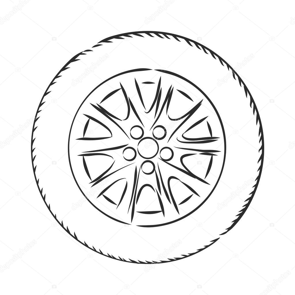 Car wheel vector sketch icon isolated on background. Hand drawn Car wheel icon. Car wheel sketch icon for infographic, website or app.