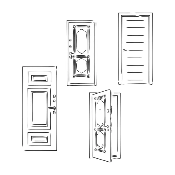 Coleção Portas Ilustração Isolada Linhas Pretas Simples — Vetor de Stock