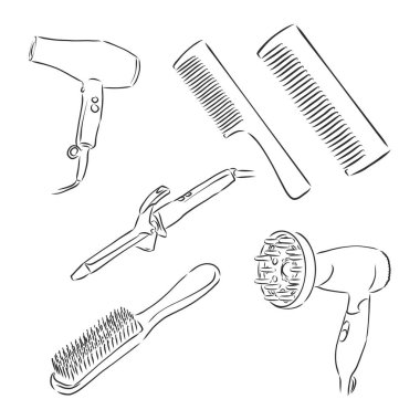 Vintage oymalı saç fırçası saç kurutma vektörü çizimi illüstrasyonunda kuaför el çizimi
