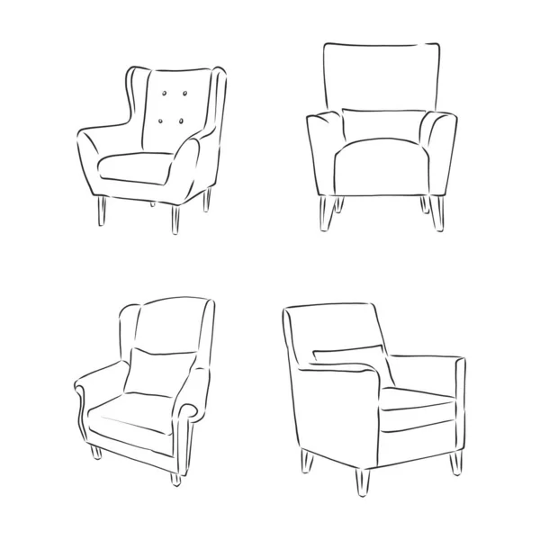 線画のスケッチチェア 白地に黒で輪郭線を描く 座って リラックスのための洗練された家具 シルエット ベクトル 張りの椅子ベクトルスケッチイラスト — ストックベクタ