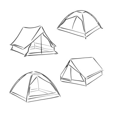 Sevimli eski zamansal naylon bivvy çime bağlanmış ahşap bir çiviye ip gerdi. Tek renkli el yazması taslak mürekkep çizimi arka plan kabataslak karalama antik kalem kağıt üzerine yazı için boşluk