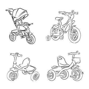 El çizimi çocuk bisikleti karalaması. Çocukların oyuncak ikonunu çiz. Dekorasyon elemanı. Beyaz arka planda izole edilmiş. Vektör illüstrasyonu.