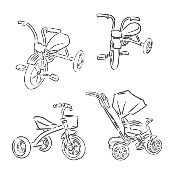 Handgetekende Kinderfiets Krabbel Schets Het Kinderspeelgoed Icoon Decoratie Element Geïsoleerd — Stockvector