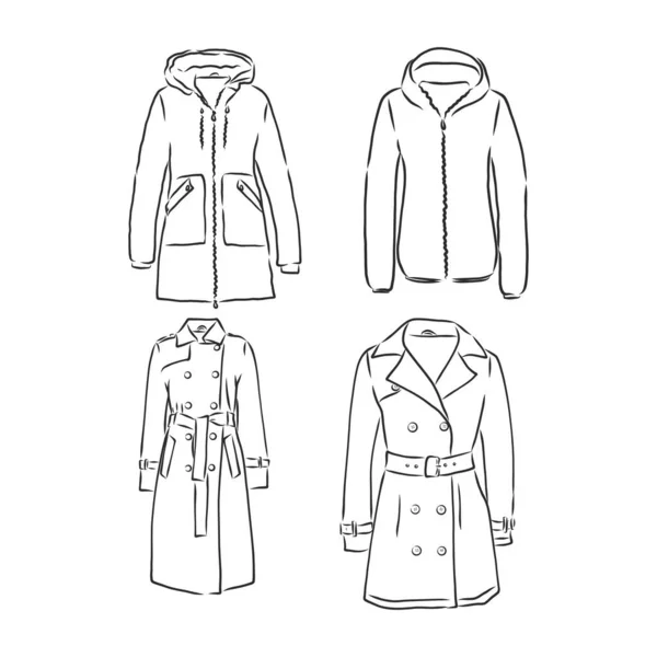 トレンチコートのアイコン ファッションのシンボル デザイン 広告バナーのための衣服の技術的な図面 — ストックベクタ