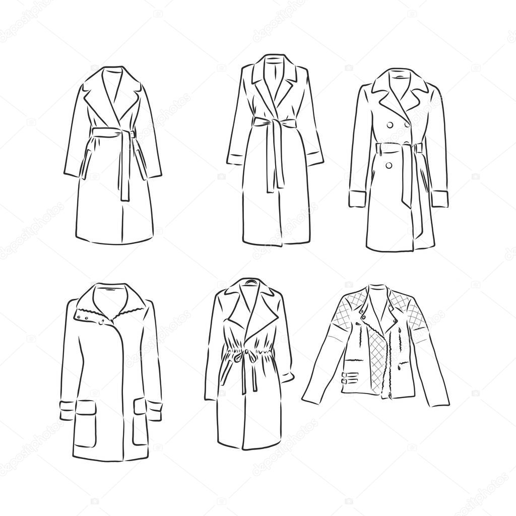 Trench coat icon. Fashion garment symbol. Technical drawing of garment for design, logo, advertising banner.