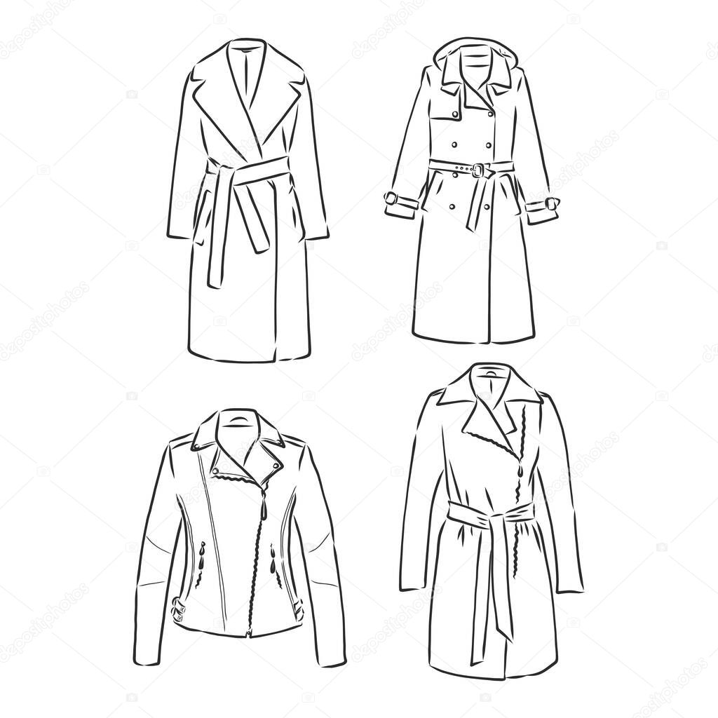 Trench coat icon. Fashion garment symbol. Technical drawing of garment for design, logo, advertising banner.