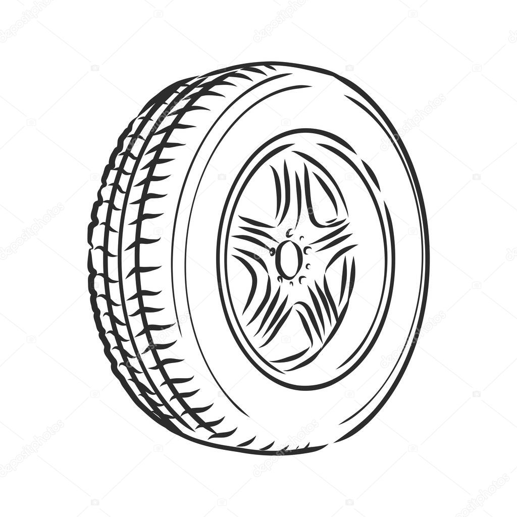 Car wheel vector sketch icon isolated on background. Hand drawn Car wheel icon. Car wheel sketch icon for infographic, website or app.