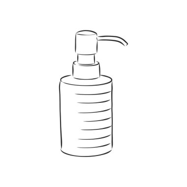 El çizimi beyaz kozmetik şişesi. Siyah çizgi, basit çizgi. Beyaz arkaplanda vektör çizimi izole edildi. Sıvı sabun ve şeker kutusuyla birlikte. Losyon, merhem ya da krema için kavanoz.
