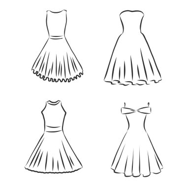 El çizimi vektör giysi seti. Beyaz giyimli modaya uygun Maxi elbiseleri..