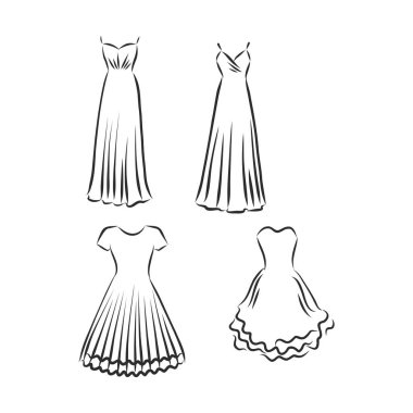 El çizimi vektör giysi seti. Beyaz giyimli modaya uygun Maxi elbiseleri..