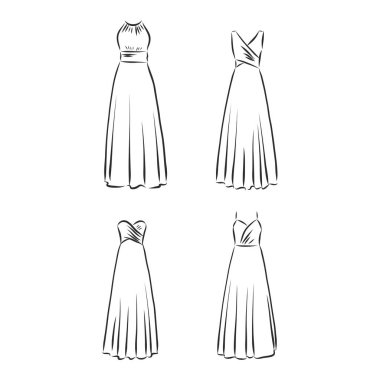 El çizimi vektör giysi seti. Beyaz giyimli modaya uygun Maxi elbiseleri..