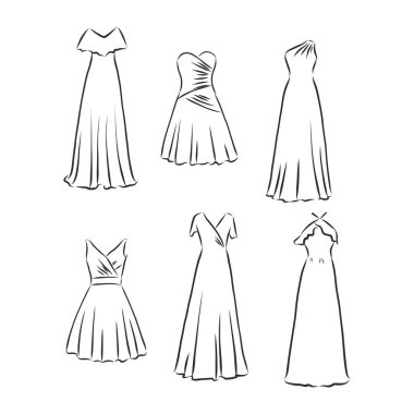 El çizimi vektör giysi seti. Beyaz giyimli modaya uygun Maxi elbiseleri..