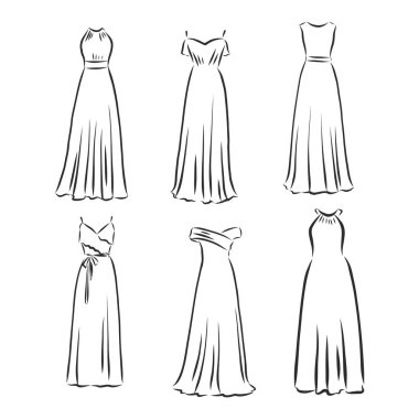 El çizimi vektör giysi seti. Beyaz giyimli modaya uygun Maxi elbiseleri..