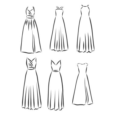 El çizimi vektör giysi seti. Beyaz giyimli modaya uygun Maxi elbiseleri..