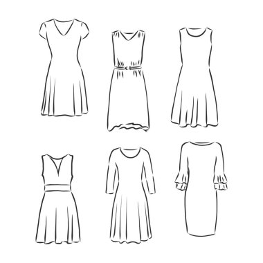 El çizimi vektör giysi seti. Beyaz giyimli modaya uygun Maxi elbiseleri..